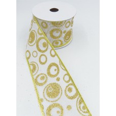 2.5 Inch Wired Christmas Ribbon with a Gold Metallic Circle Design on White Faux Burlap, 10 Yds (Lot of 1 Spool) SALE ITEM